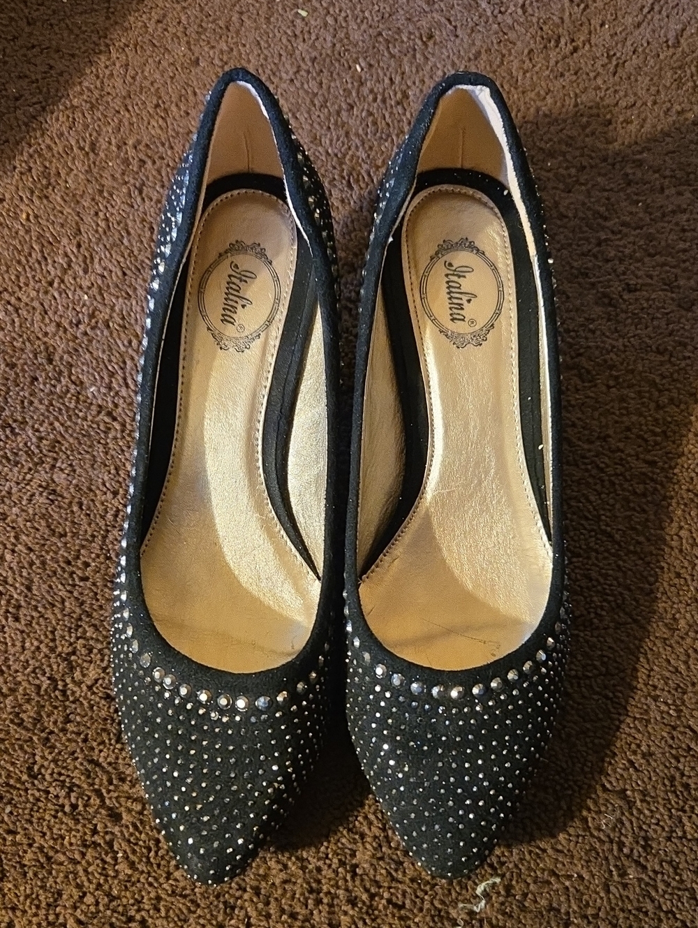 Italina Black Crystal-Embellished Pointed Toe 2 Inch Heels Worn 1X